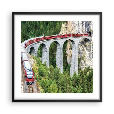 Affiche dans un cadre noir - Poster - Chemin de fer avec vue sur la montagne - 50x50 cm