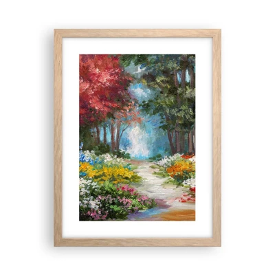 Affiche dans un chêne clair - Poster - Jardin forestier, forêt de fleurs - 30x40 cm