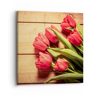Image sur toile Arttor 40x40 cm - Tulipes, Bouquet, Bois, Pour le salon, Pour la chambre, Rouge, Vert, Horizontal, Toiles, AC40x40-2867