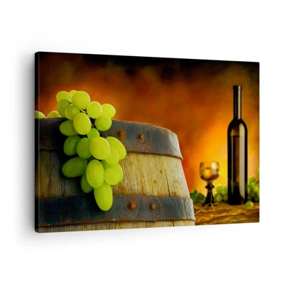 Impression sur toile - Image sur toile - Nature morte avec une bouteille de vin et une grappe de raisin - 70x50 cm