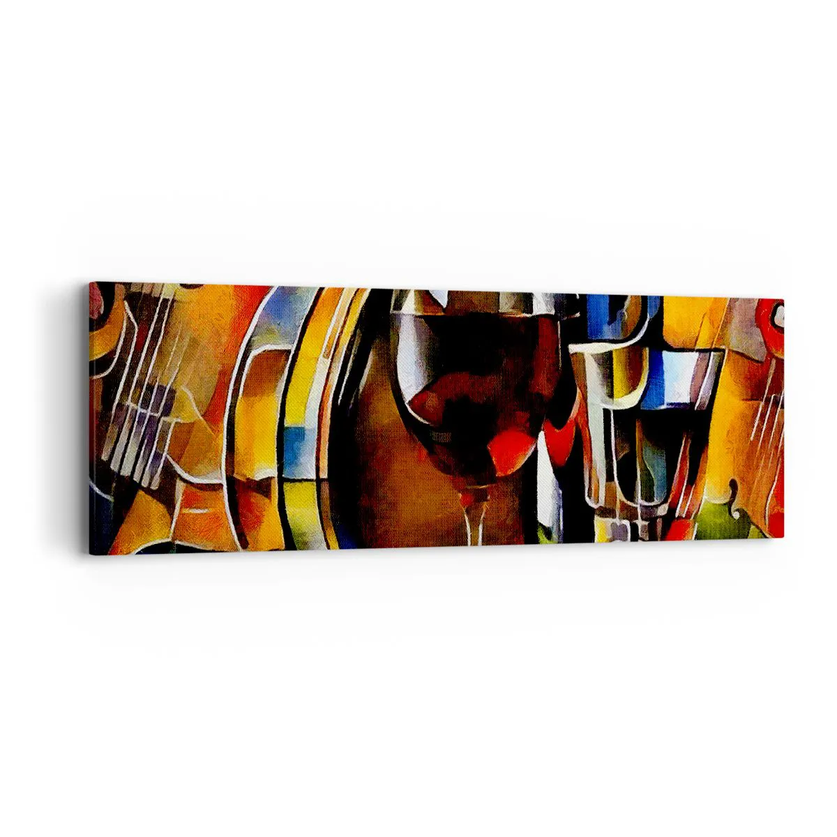 Impression sur toile, Image sur Toile Arttor 90x30 cm - Et le monde prend des couleurs - Abstraction, Cubisme, Art, Vin, Violon, Pour le salon, Pour la chambre, Bleu, Rouge, Horizontal, Toiles, AB90x30-3477