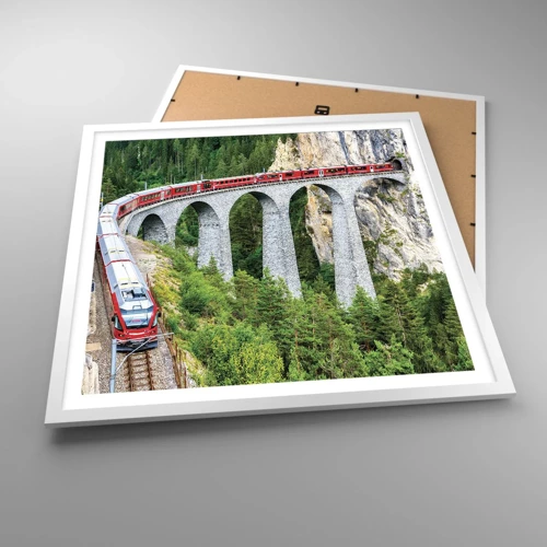 Affiche dans un cadre blanc - Poster - Chemin de fer avec vue sur la montagne - 60x60 cm