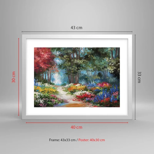 Affiche dans un cadre blanc - Poster - Jardin forestier, forêt de fleurs - 40x30 cm