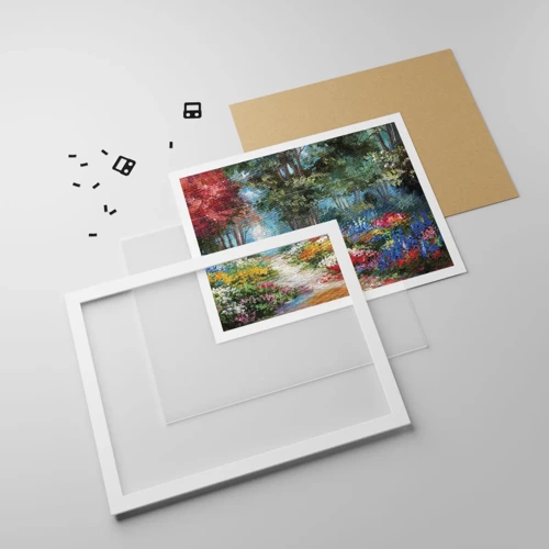 Affiche dans un cadre blanc - Poster - Jardin forestier, forêt de fleurs - 70x50 cm