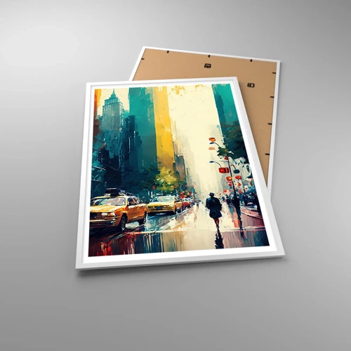 Affiche dans un cadre blanc - Poster - New York – ici même la pluie est colorée - 70x100 cm