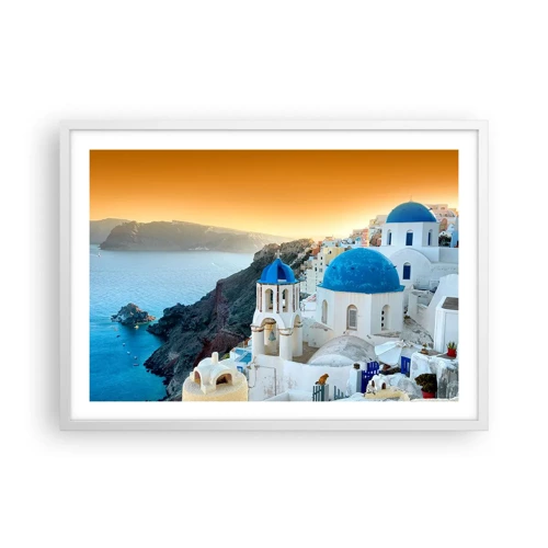 Affiche dans un cadre blanc - Poster - Santorin - blotti contre les rochers - 70x50 cm