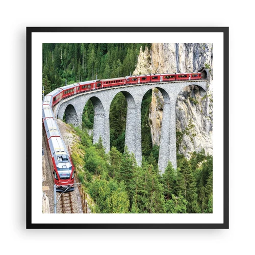 Affiche dans un cadre noir - Poster - Chemin de fer avec vue sur la montagne - 60x60 cm