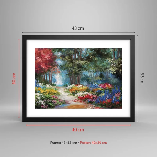 Affiche dans un cadre noir - Poster - Jardin forestier, forêt de fleurs - 40x30 cm