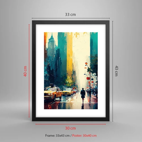 Affiche dans un cadre noir - Poster - New York – ici même la pluie est colorée - 30x40 cm