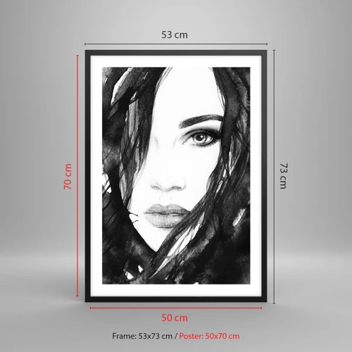 Affiche dans un cadre noir - Poster - Portrait d'une dame en noir et blanc - 50x70 cm