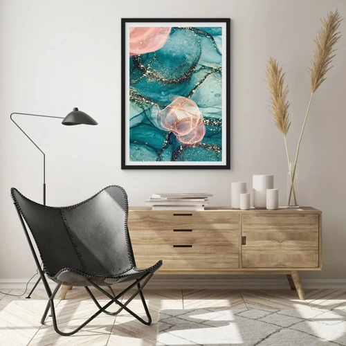 Affiche dans un cadre noir - Poster - Soie bleu, tulle rose - 50x70 cm