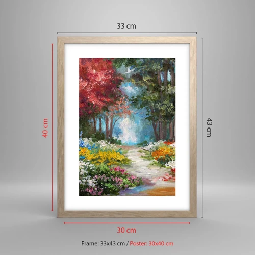 Affiche dans un chêne clair - Poster - Jardin forestier, forêt de fleurs - 30x40 cm