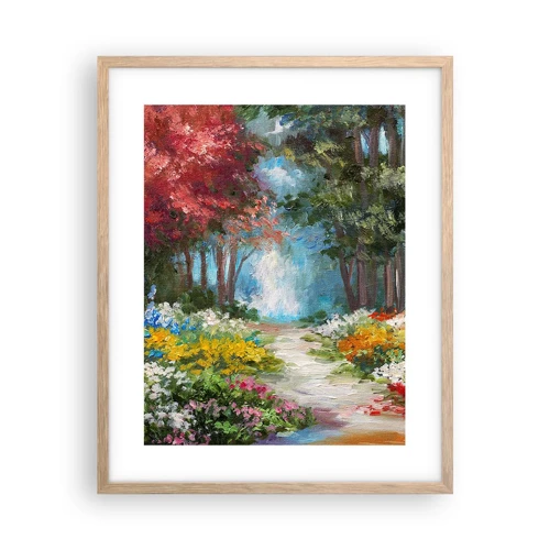 Affiche dans un chêne clair - Poster - Jardin forestier, forêt de fleurs - 40x50 cm