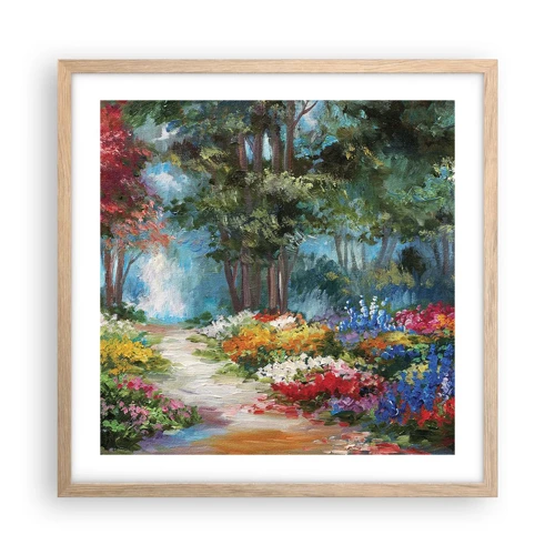 Affiche dans un chêne clair - Poster - Jardin forestier, forêt de fleurs - 50x50 cm