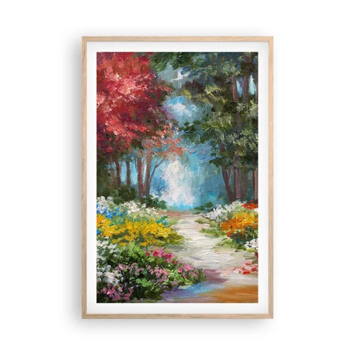 Affiche dans un chêne clair - Poster - Jardin forestier, forêt de fleurs - 61x91 cm