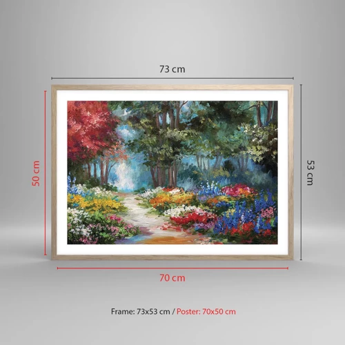 Affiche dans un chêne clair - Poster - Jardin forestier, forêt de fleurs - 70x50 cm