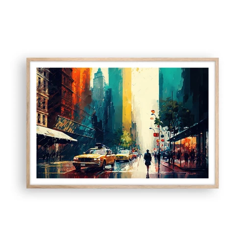 Affiche dans un chêne clair - Poster - New York – ici même la pluie est colorée - 91x61 cm