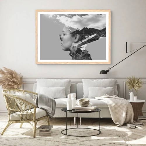 Affiche dans un chêne clair - Poster - Portrait de montagnes et nuages - 100x70 cm