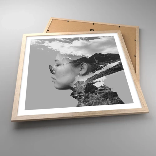 Affiche dans un chêne clair - Poster - Portrait de montagnes et nuages - 50x50 cm