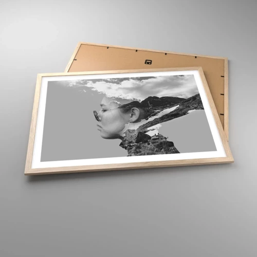 Affiche dans un chêne clair - Poster - Portrait de montagnes et nuages - 70x50 cm