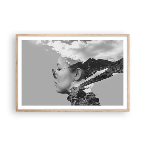 Affiche dans un chêne clair - Poster - Portrait de montagnes et nuages - 91x61 cm