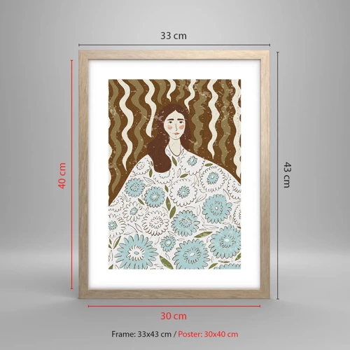 Affiche dans un chêne clair - Poster - Portrait en robe fleurie - 30x40 cm