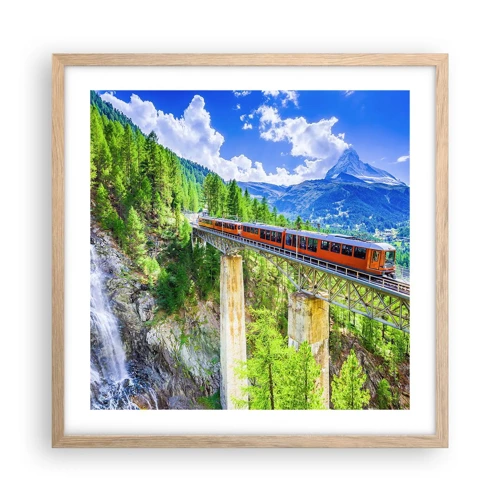 Affiche dans un chêne clair - Poster - Train dans les Alpes - 50x50 cm