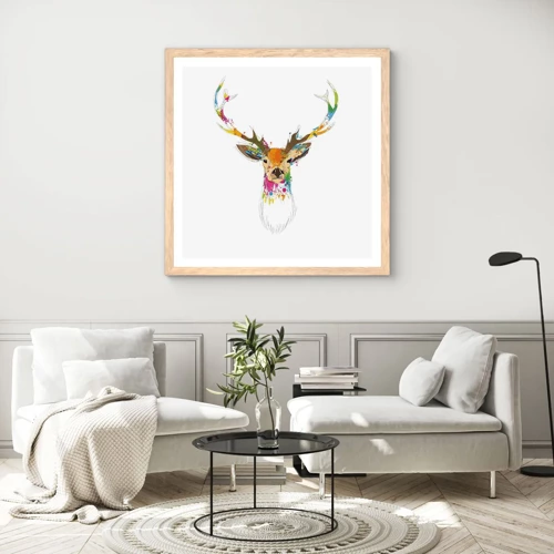 Affiche dans un chêne clair - Poster - Un cerf doux baigné de couleur - 60x60 cm
