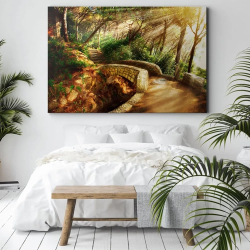 Impression sur toile - Image sur toile - Directement du pont dans une forêt de conte de fées - 70x50 cm