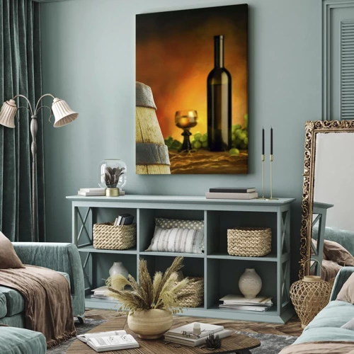 Impression sur toile - Image sur toile - Nature morte avec une bouteille de vin et une grappe de raisin - 50x70 cm