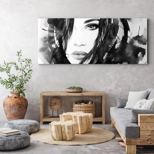 Impression sur toile - Image sur toile - Portrait d'une dame en noir et blanc - 100x40 cm