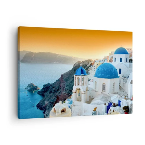 Impression sur toile - Image sur toile - Santorin - blotti contre les rochers - 70x50 cm