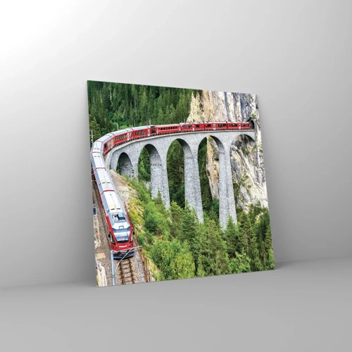 Impression sur verre - Image sur verre - Chemin de fer avec vue sur la montagne - 40x40 cm