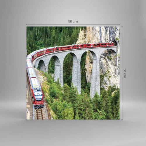 Impression sur verre - Image sur verre - Chemin de fer avec vue sur la montagne - 50x50 cm