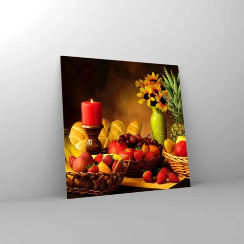 Impression sur verre - Image sur verre - Nature morte de pain et de fruits - 30x30 cm