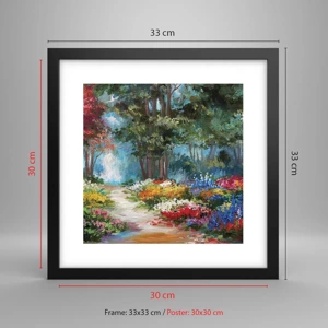 Affiche dans un cadre noir - Poster - Jardin forestier, forêt de fleurs - 30x30 cm