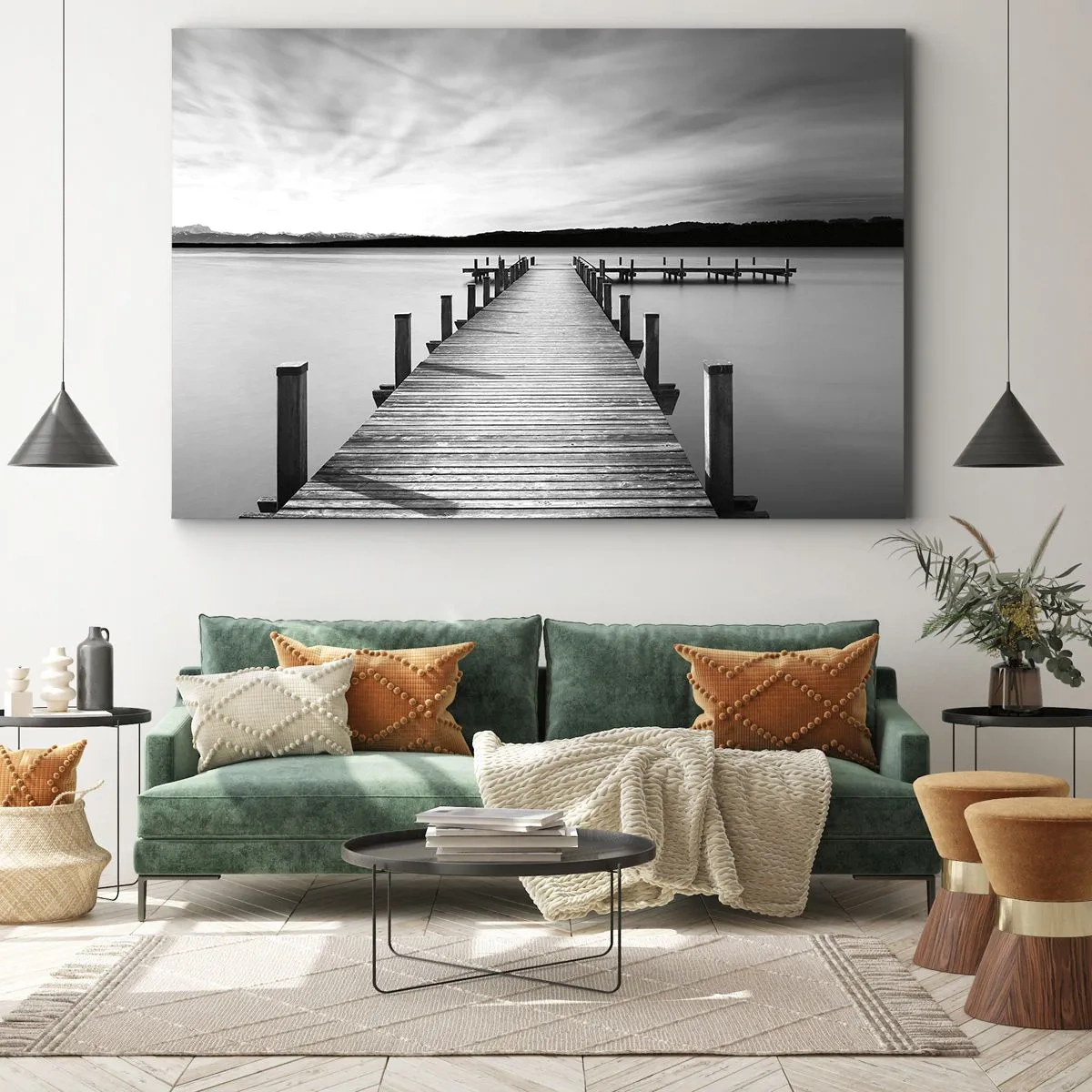 Impression sur toile - Image sur toile - Une jetée noire et blanche sur un lac calme - 120x80cm - Au point d'eau - la paix - Décoration murale moderne pour le salon et la chambre ARTTOR