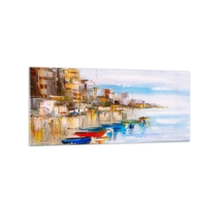 Impression sur verre - Image sur verre - Bateaux colorés sur le rivage surplombant les toits de la ville - 120x50cm - Un havre urbain multicolore - Décoration murale moderne pour le salon et la chambre ARTTOR
