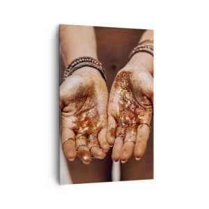 Impression sur toile - Image sur toile - Gros plan des mains avec des paillettes dans des tons chauds - 80x120cm - Un don pour vous - Décoration murale moderne pour le salon et la chambre ARTTOR