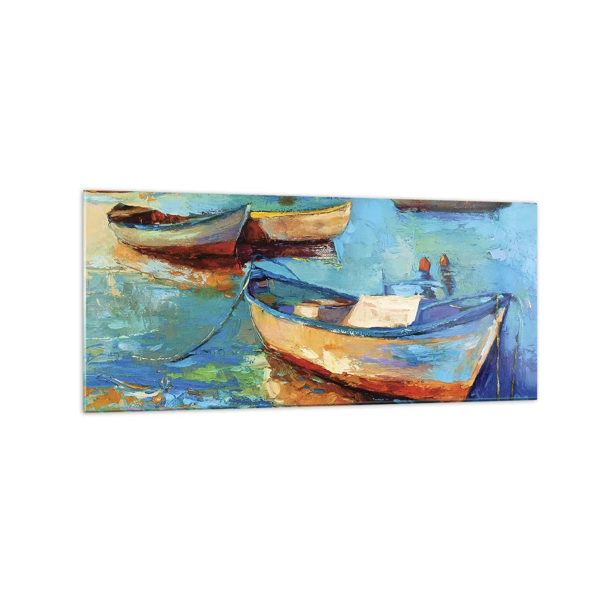 Impression sur verre - Image sur verre - Bateaux colorés amarrés sur une eau calme - 120x50cm - Dans la baie du sud - Décoration murale moderne pour le salon et la chambre ARTTOR