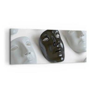 Impression sur toile - Image sur toile - Masques noirs et blancs sur fond clair - 120x50cm - Comment se démarquer ? - Décoration murale moderne pour le salon et la chambre ARTTOR