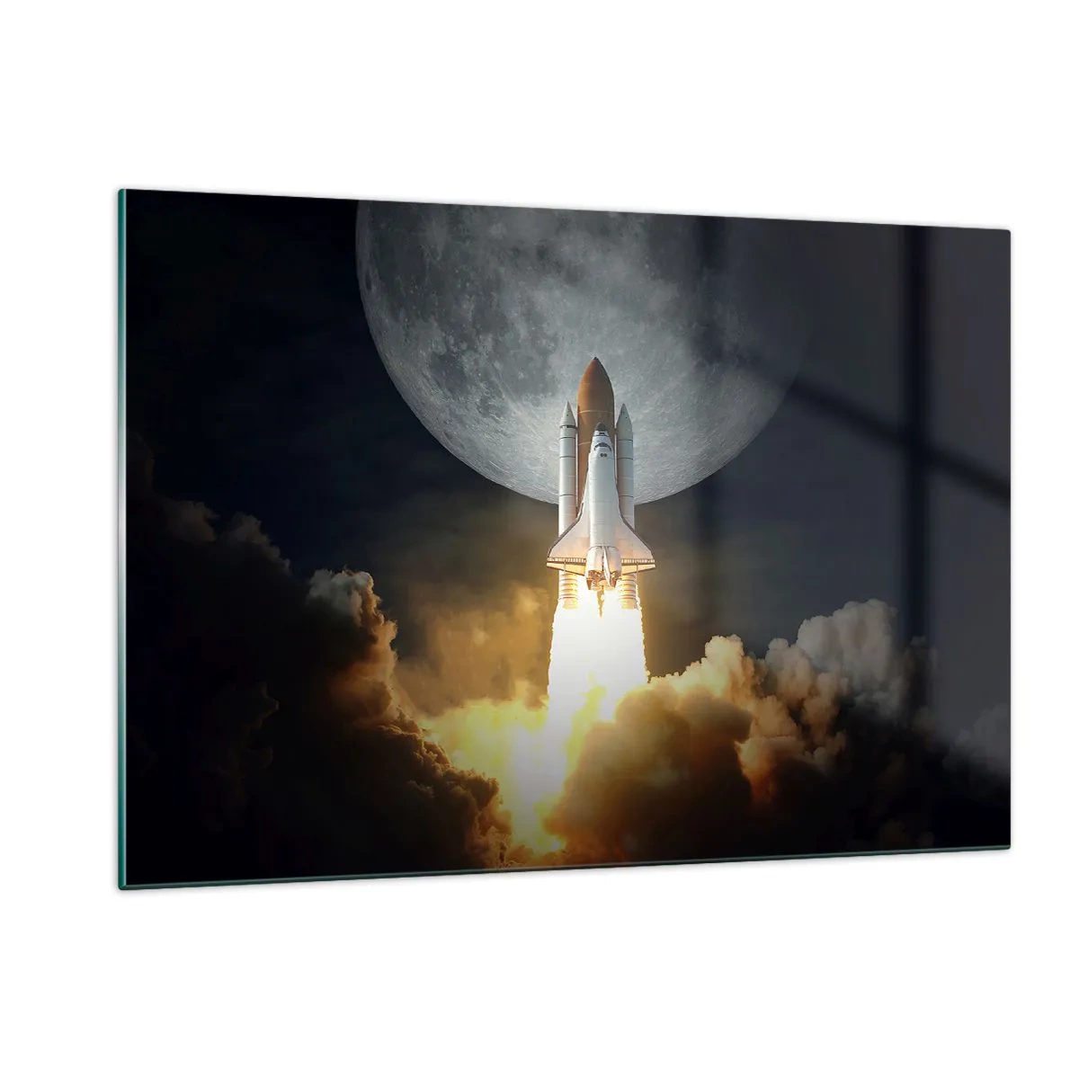 Impression sur verre - Image sur verre - Lancement d'une fusée spatiale avec en arrière-plan la lune et le ciel nocturne. - 120x80cm - Le début d'une aventure surnaturelle - Décoration murale moderne pour le salon et la chambre ARTTOR