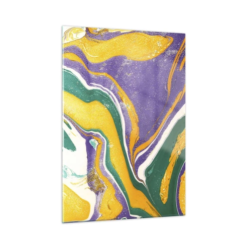 Impression sur verre - Image sur verre - Motif de vagues abstrait en jaune, violet et vert - 50x70cm - Ondes de couleur - Décoration murale moderne pour le salon et la chambre ARTTOR