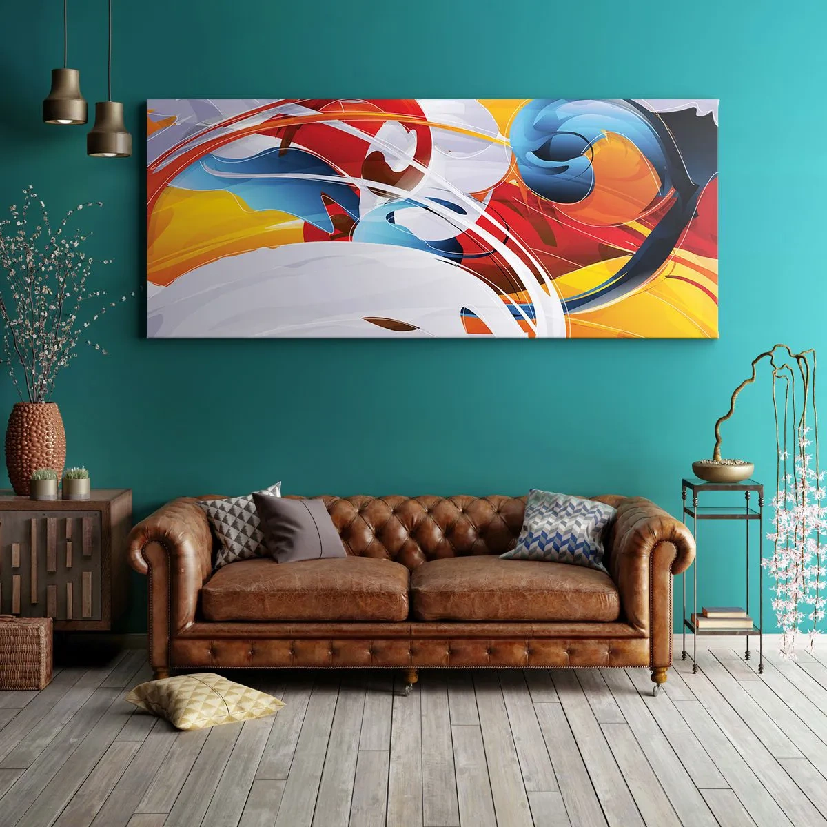 Impression sur toile - Image sur toile - Abstraction colorée avec des lignes dynamiques et des couleurs vives - 140x50cm - La danse des éléments - Décoration murale moderne pour le salon et la chambre ARTTOR