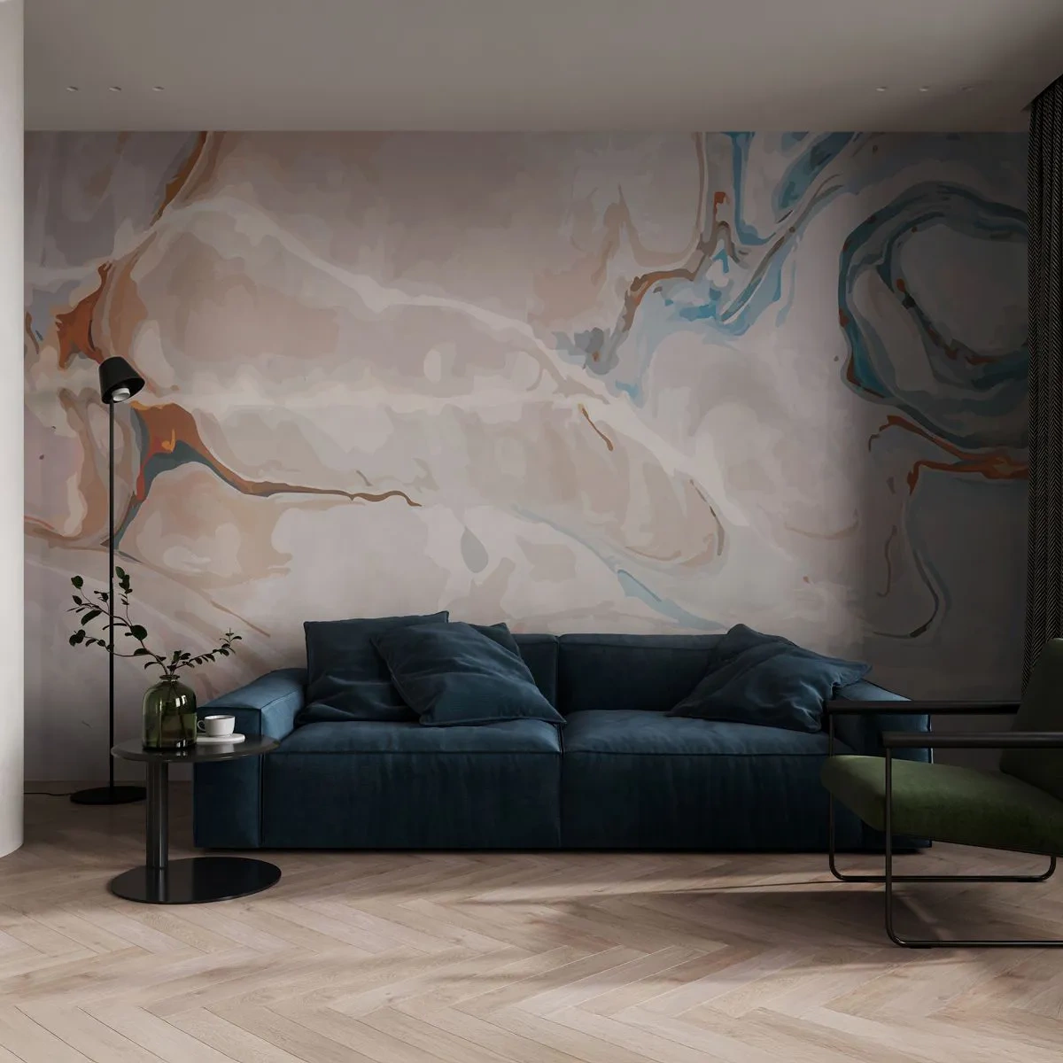 Papier Peint Photo Standard Eco - Le bleu serpente sous le blanc - Abstraction, Morceau, Modèle moderne - 400x280 cm