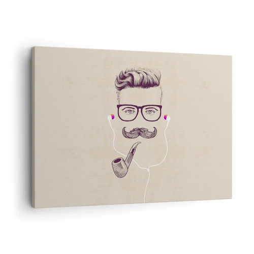 Impression sur toile - Image sur toile - Portrait rétro d'un homme avec une pipe, des écouteurs et des lunettes - 70x50cm - Un vrai homme? - Décoration murale moderne pour le salon et la chambre ARTTOR