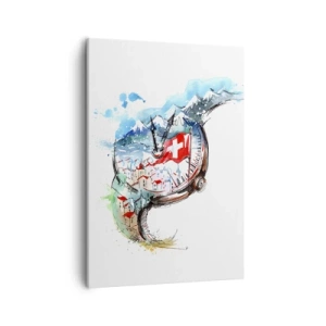 Impression sur toile - Image sur toile - Un paysage aquarelle de la Suisse dans un design d'horlogerie - 50x70cm - L'esprit de la Suisse - Décoration murale moderne pour le salon et la chambre ARTTOR