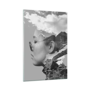 Impression sur verre - Image sur verre - Une composition en noir et blanc avec une silhouette de femme et un paysage de montagne. - 80x120cm - Portrait de montagnes et nuages - Décoration murale moderne pour le salon et la chambre ARTTOR