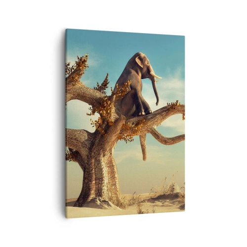 Impression sur toile - Image sur toile - Un éléphant assis sur un arbre dans un paysage surréaliste - 50x70cm - Nouveau point de vue - Décoration murale moderne pour le salon et la chambre ARTTOR
