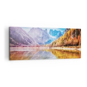 Impression sur toile - Image sur toile - Paysage de montagne d'automne avec un lac - 120x50cm - C'est déjà le printemps à la montagne - Décoration murale moderne pour le salon et la chambre ARTTOR